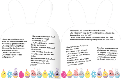 Gezeigt wird eine Innen- oder Zusatzansicht von „Häschen-Witze“. Die Seite ist in Form von Hasenohren gestaltet. Auf der linken Seite ist ein Witz über Häschen in einem Spielwarenladen abgedruckt, umgeben von verspielten Farben und freudigen Illustrationen. Die Schrift ist klar und gut lesbar, mit fröhlichen, bunten Schriftzügen. Auf der rechten Seite wird die Geschichte von Häschen und seinem Freund am Badesee erzählt, ergänzt durch leichte, fröhliche Grafiken in Pastellfarben. Am...