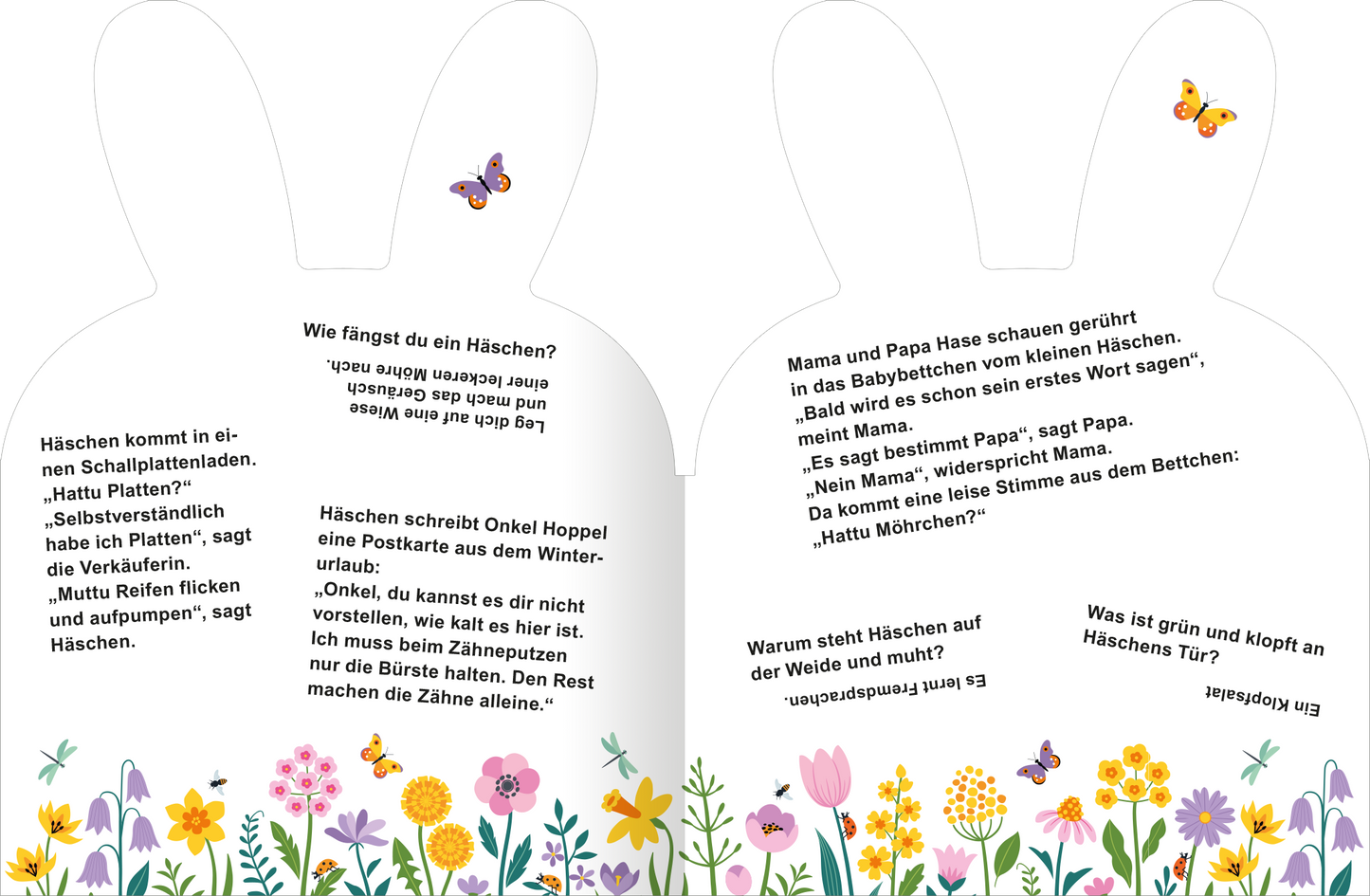 Gezeigt wird eine Innenansicht von „Häschen-Witze“. Die zwei Seiten sind in Form von Hasenohren gestaltet. Im Hintergrund befindet sich eine bunte Blumenwiese mit verschiedenen Blumen und Schmetterlingen. Der Text ist in klarer, gut lesbarer Schriftart gehalten, wobei wichtige Fragen und Antworten hervorgehoben sind. Die Farbpalette ist fröhlich und einladend, vorwiegend in sanften Pastelltönen, die eine freundliche Atmosphäre schaffen.