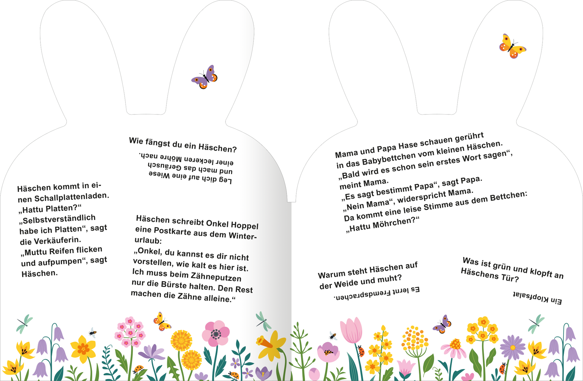 Gezeigt wird eine Innenansicht von „Häschen-Witze“. Die zwei Seiten sind in Form von Hasenohren gestaltet. Im Hintergrund befindet sich eine bunte Blumenwiese mit verschiedenen Blumen und Schmetterlingen. Der Text ist in klarer, gut lesbarer Schriftart gehalten, wobei wichtige Fragen und Antworten hervorgehoben sind. Die Farbpalette ist fröhlich und einladend, vorwiegend in sanften Pastelltönen, die eine freundliche Atmosphäre schaffen.