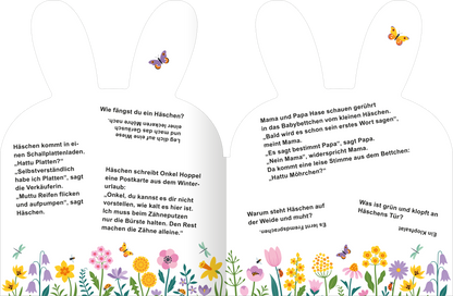Gezeigt wird eine Innenansicht von „Häschen-Witze“. Die zwei Seiten sind in Form von Hasenohren gestaltet. Im Hintergrund befindet sich eine bunte Blumenwiese mit verschiedenen Blumen und Schmetterlingen. Der Text ist in klarer, gut lesbarer Schriftart gehalten, wobei wichtige Fragen und Antworten hervorgehoben sind. Die Farbpalette ist fröhlich und einladend, vorwiegend in sanften Pastelltönen, die eine freundliche Atmosphäre schaffen.
