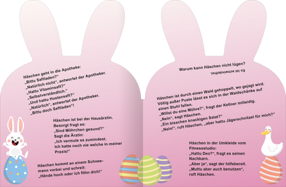 Gezeigt wird eine Innen- oder Zusatzansicht von „Häschen-Witze“. Die Doppelseite zeigt eine sanfte Farbverlauf-Hintergrund in Rosa- und Lilatönen. Auf der linken Seite sind witzige Dialoge zwischen einem Hasen und einem Apotheker abgebildet, während die rechte Seite weitere humorvolle Fragen und Antworten enthält. Die Schrift ist gut leserlich in fröhlichen, verspielten Schriftarten gestaltet. Illustrationen von bunten Ostereiern und einem lächelnden Hasen mit langen Ohren ergänzen...