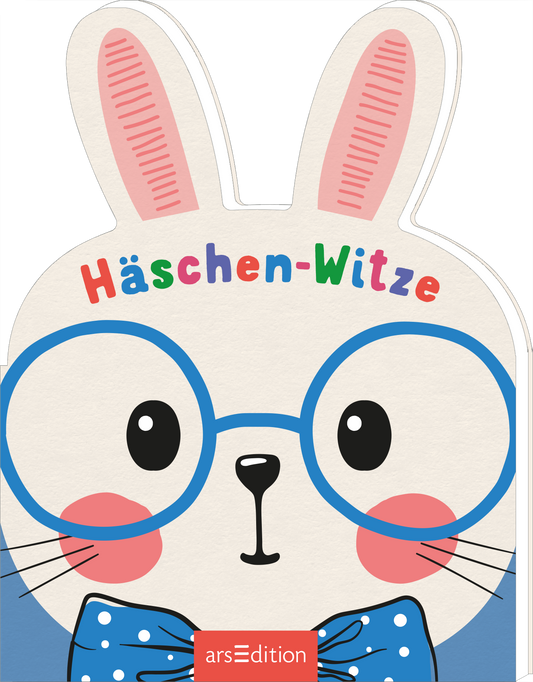 Das Buchcover zeigt ein niedliches Hasenmotiv mit einem großen, fröhlichen Gesicht. Der Hase trägt eine elegante Fliege und runde, große Brille. Die Farben sind lebhaft: das Gesicht des Hasen ist hellbeige, die Ohren sind rosa, und die Brille ist blau. Der Titel „Häschen-Witze“ ist in bunten Buchstaben oben auf dem Cover platziert. Ganz unten mittig steht der Logoschriftzug von arsEdition.