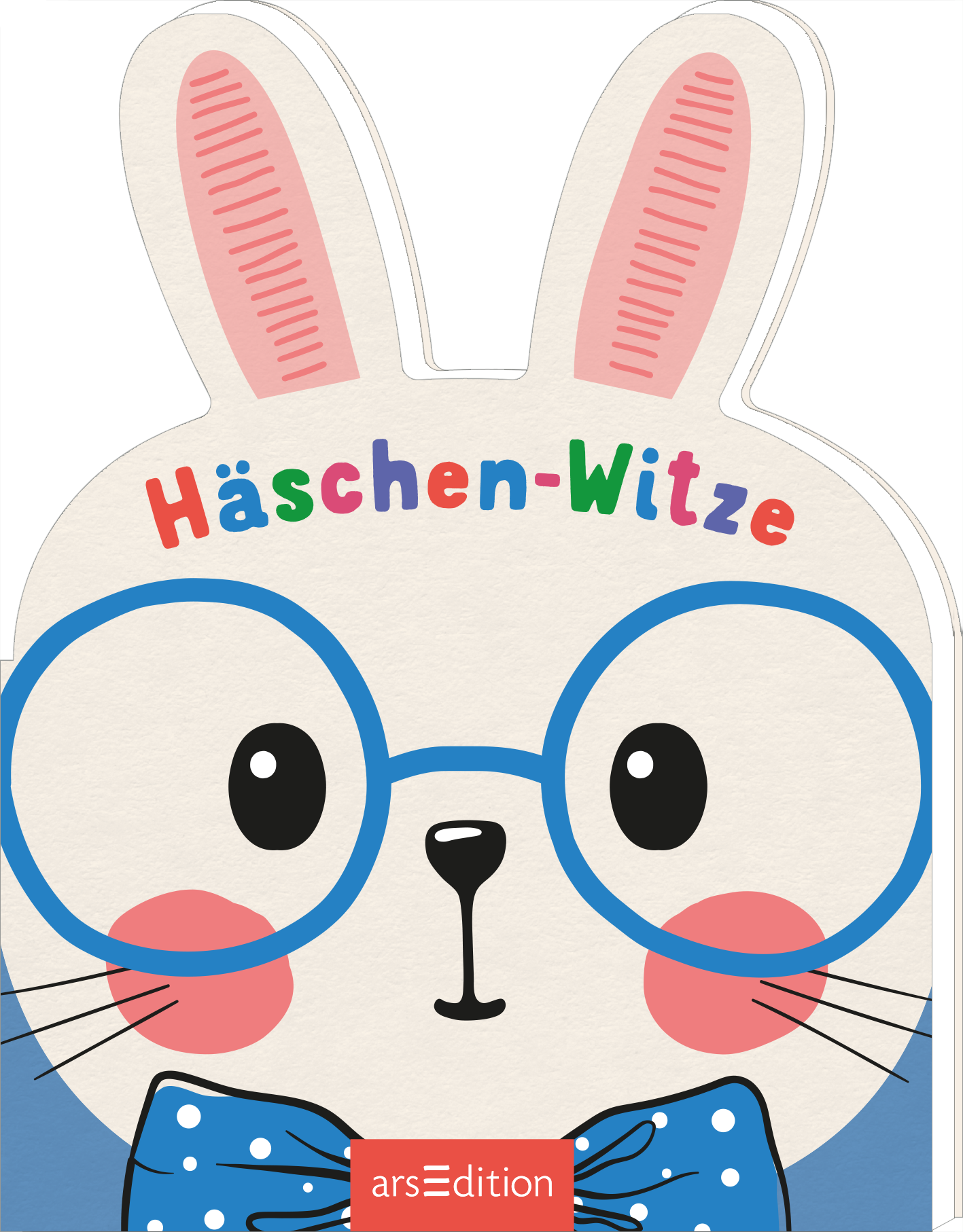 Das Buchcover zeigt einen niedlichen, cartoonhaften Hasen mit langen, rosa Ohren und großen, blauen Brillen. Die Farben sind sanft und freundlich, ergänzt durch ein fröhliches Design. Der Titel „Häschen-Witze“ ist in bunten, kindgerechten Buchstaben oben auf dem Cover platziert. Unten mittig befindet sich der rote Schriftzug von arsEdition. Ganz unten mittig steht der Logoschriftzug von arsEdition.