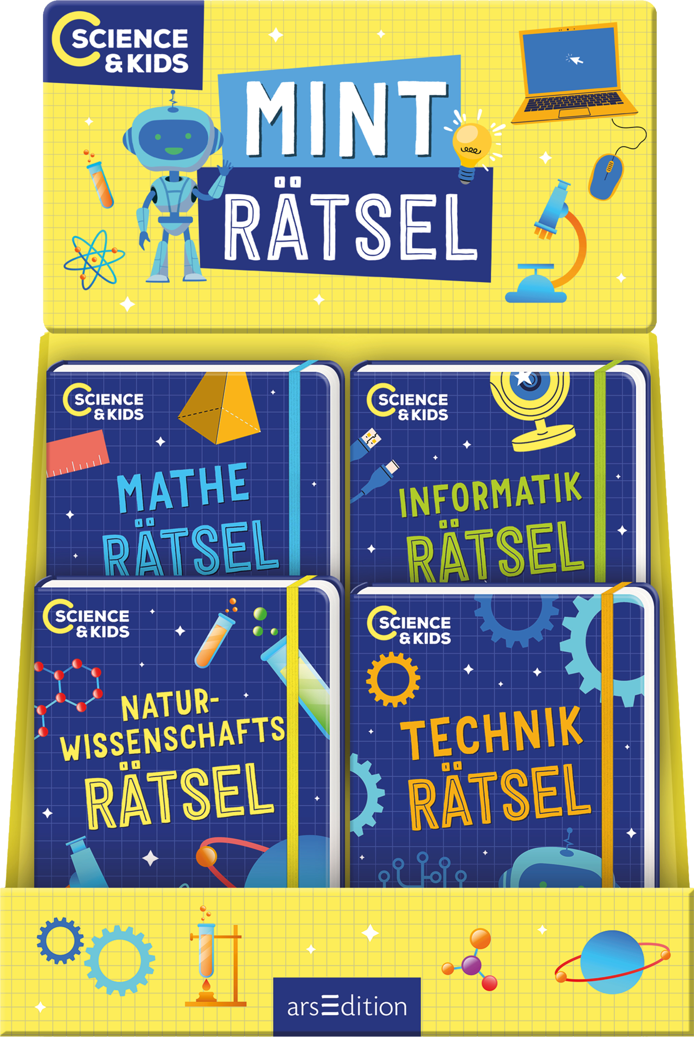 Das Buchcover zeigt ein leuchtend gelbes Display mit dem Titel „MINT Rätsel“ in großen, freundlichen Buchstaben. Drumherum sind illustrative Elemente wie ein Roboter, Stifte, Mikroskope und andere wissenschaftliche Symbole platziert, die eine fröhliche und lehrreiche Atmosphäre vermitteln. Vier Kärtchen sind im Vordergrund angeordnet, beschriftet mit „Mathe Rätsel“, „Informatik Rätsel“, „Naturwissenschafts Rätsel“ und „Technik Rätsel“ in blauen, auffälligen Lettern...
