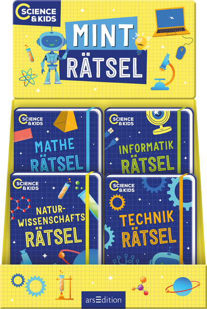 Das Buchcover zeigt ein leuchtend gelbes Display mit dem Titel „MINT Rätsel“ in großen, freundlichen Buchstaben. Drumherum sind illustrative Elemente wie ein Roboter, Stifte, Mikroskope und andere wissenschaftliche Symbole platziert, die eine fröhliche und lehrreiche Atmosphäre vermitteln. Vier Kärtchen sind im Vordergrund angeordnet, beschriftet mit „Mathe Rätsel“, „Informatik Rätsel“, „Naturwissenschafts Rätsel“ und „Technik Rätsel“ in blauen, auffälligen Lettern...