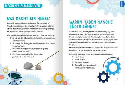 Gezeigt wird eine Innen- oder Zusatzansicht von „Science &amp; Kids – Technik-Rätsel“. Die Seite enthält zwei Abschnitte in kräftigen Farben wie Blau und Gelb. Links befindet sich ein Text über Hebel mit einer Illustration eines Steins und einer langen Stange. Rechts wird erklärt, warum Räder Zähne haben, begleitet von einer Grafik, die Zahnräder darstellt. Die Schrift ist klar und gut lesbar, mit ansprechenden Illustrationen, die das Thema kindgerecht aufbereiten.
