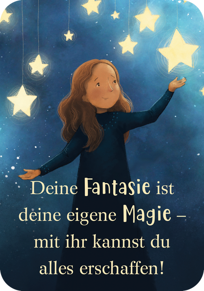 Gezeigt wird eine Innen- oder Zusatzansicht von „Mutmachkarten für ein wundervolles Mädchen wie dich“. Die Illustration zeigt ein Mädchen mit langen, lockigen Haaren, das auf einen sternklaren Nachthimmel blickt. Der Hintergrund ist in tiefen Blau- und Violetttönen gehalten. In großen, verschnörkelten Buchstaben steht der inspirierende Text: „Deine Fantasie ist deine eigene Magie – mit ihr kannst du alles erschaffen!“. Die Sterne strahlen in sanften Gelbtönen, was eine warme...