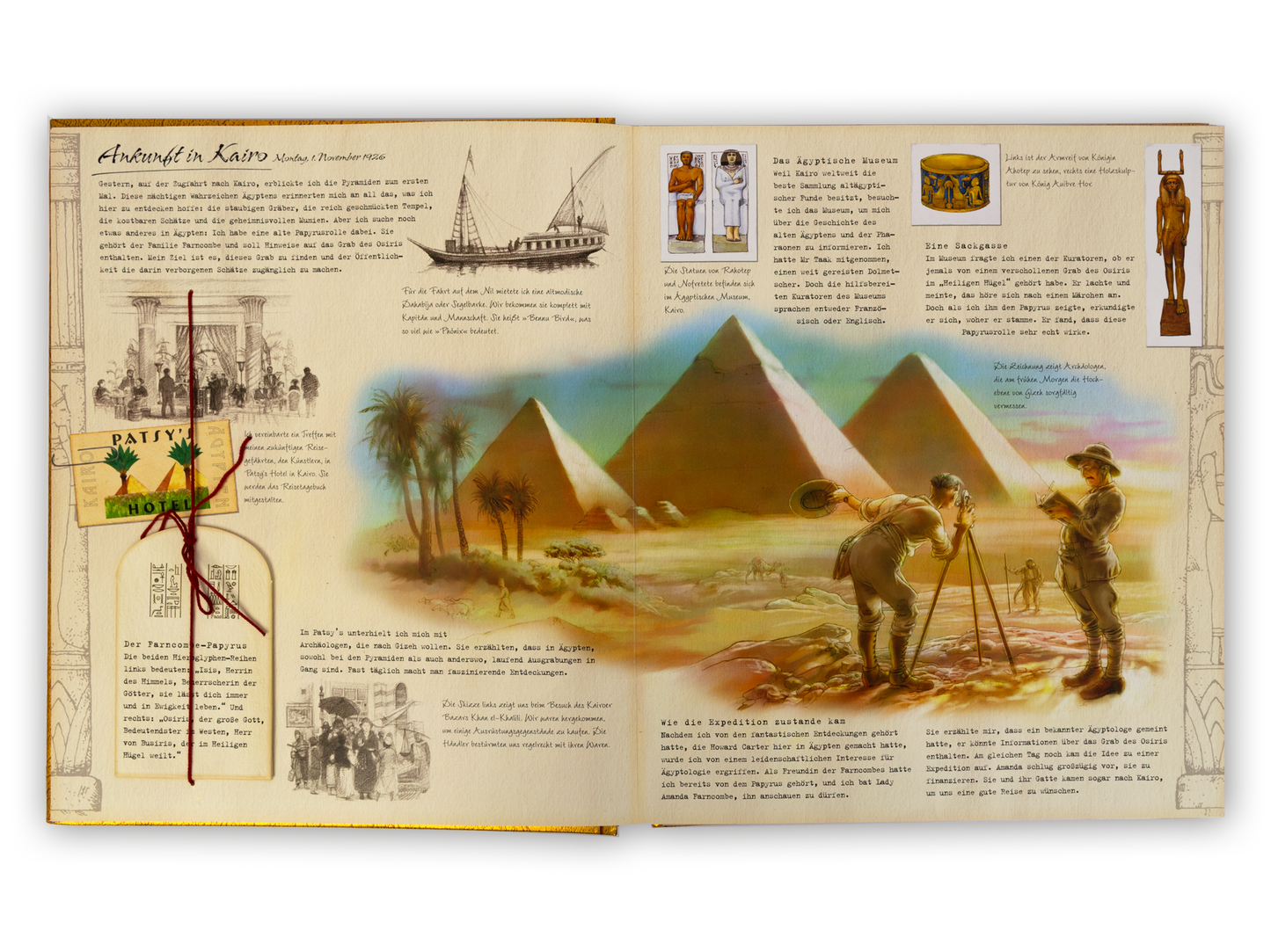 Gezeigt wird eine Innen- oder Zusatzansicht von „Expedition ins alte Ägypten“. Die Doppelseite präsentiert bunte, illustrierte Elemente mit pyramidenartigen Formen in sanften Grüntönen und Erdtönen. Auf der linken Seite befinden sich historische Illustrationen und Textabschnitte, während die rechte Seite helle, malerische Darstellungen zeigt, einschließlich Forscher, die mit Messinstrumenten arbeiten. Die Schrift ist klar und gut lesbar, und typografische Varianten betonen wichtige...