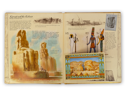 Gezeigt wird eine Innen- oder Zusatzansicht von „Expedition ins alte Ägypten“. Die Seite zeigt eine Mischung aus Illustrationen und Texten in sanften Erdtönen. Dominante Farbnuancen sind Beige und Braun, kombiniert mit leuchtendem Blau und Gold. Typografisch sind die Überschriften in einer klaren, serifenlosen Schrift gehalten, während Fließtexte in einer gut lesbaren Serifenschrift gestaltet sind. Illustrationen von Monumenten und ägyptischen Figuren ergänzen den Text und schaffen...