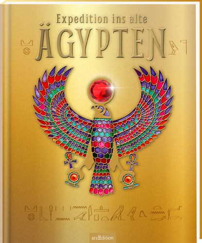 Das Buchcover zeigt einen goldenen Hintergrund. Zentral ist ein bunt gestalteter, stilisierter Phönix mit leuchtenden Farben wie Blau, Rot und Grün, umgeben von Hieroglyphen. Oben steht in eleganter Schriftzüge „Expedition ins alte Ägypten“. Die Atmosphäre wirkt geheimnisvoll und einladend. Ein SPIEGEL-Bestseller-Button ist vorhanden, jedoch nicht im Detail beschrieben. Ganz unten mittig steht der Logoschriftzug von arsEdition.