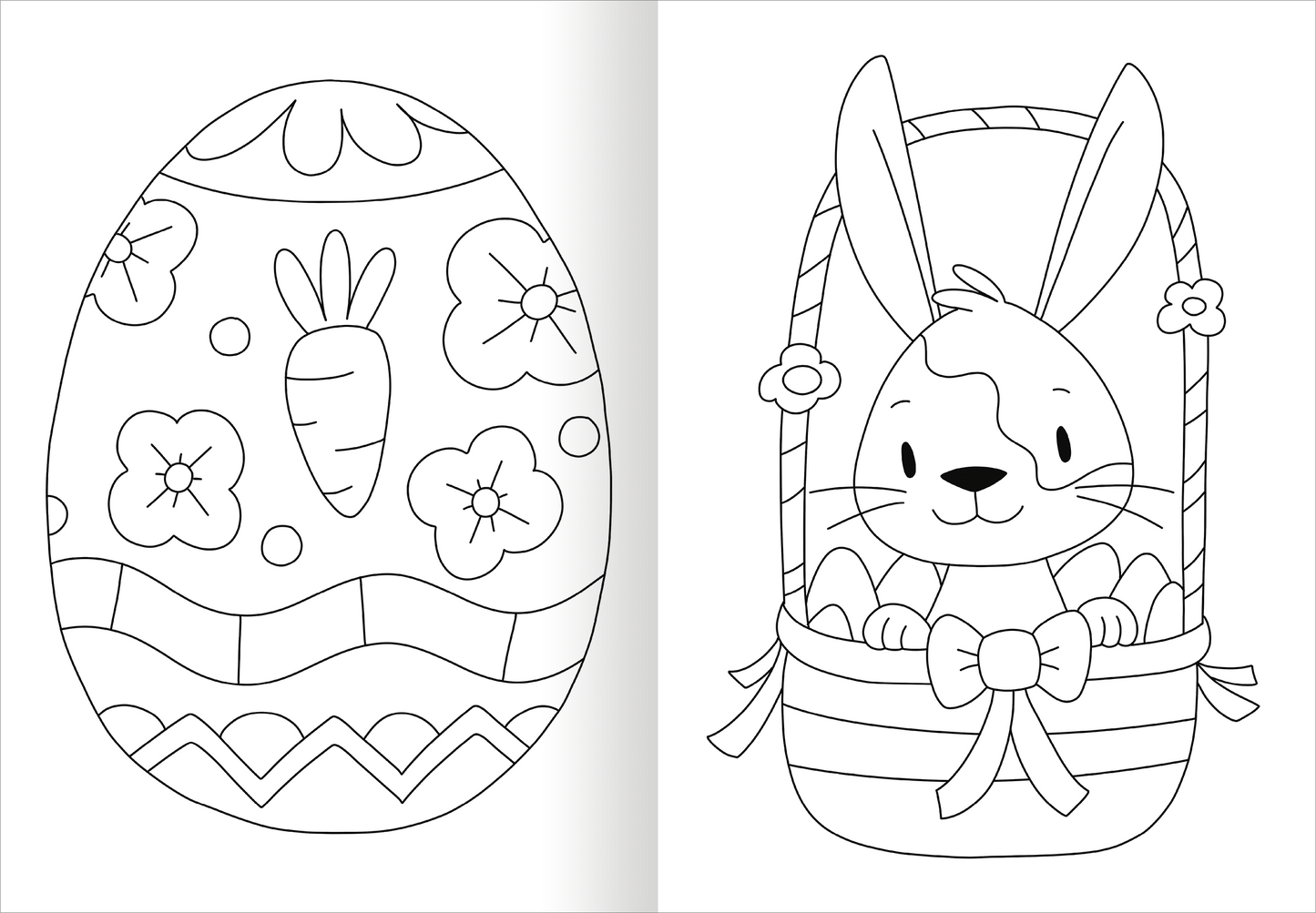 Gezeigt wird eine Innen- oder Zusatzansicht von „Ausmal-Fensterbilder Ostern“. Die Abbildung enthält zwei Motive: Links ein Osterei, verziert mit Blumen- und Karottenmuster in unterschiedlichen Formen. Rechts steht ein fröhlicher Hase in einem Korb, umgeben von Ostereiern und einer Schleife. Die Konturen sind klar und dick, was das Ausmalen erleichtert. Die Gestaltung ist verspielt und ansprechend für Kinder, mit einem starken Fokus auf österliche Symbole.