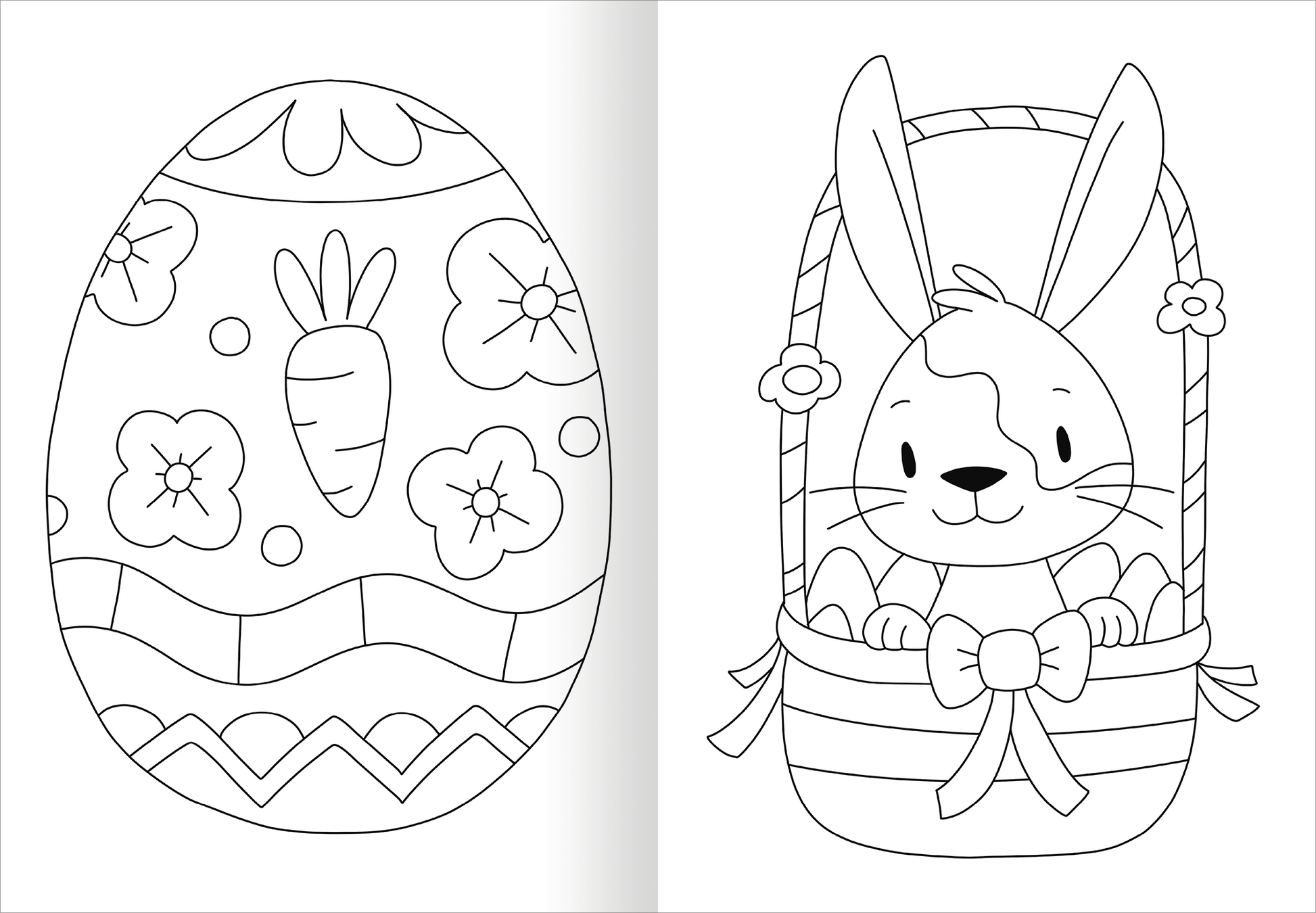 Gezeigt wird eine Innen- oder Zusatzansicht von „Ausmal-Fensterbilder Ostern“. Die Abbildung enthält zwei Motive: Links ein Osterei, verziert mit Blumen- und Karottenmuster in unterschiedlichen Formen. Rechts steht ein fröhlicher Hase in einem Korb, umgeben von Ostereiern und einer Schleife. Die Konturen sind klar und dick, was das Ausmalen erleichtert. Die Gestaltung ist verspielt und ansprechend für Kinder, mit einem starken Fokus auf österliche Symbole.