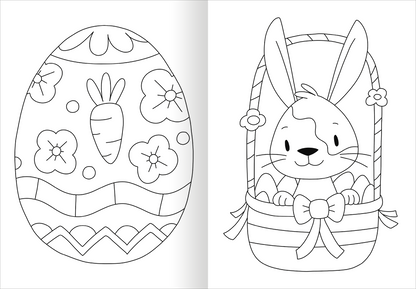 Gezeigt wird eine Innen- oder Zusatzansicht von „Ausmal-Fensterbilder Ostern“. Die Abbildung enthält zwei Motive: Links ein Osterei, verziert mit Blumen- und Karottenmuster in unterschiedlichen Formen. Rechts steht ein fröhlicher Hase in einem Korb, umgeben von Ostereiern und einer Schleife. Die Konturen sind klar und dick, was das Ausmalen erleichtert. Die Gestaltung ist verspielt und ansprechend für Kinder, mit einem starken Fokus auf österliche Symbole.