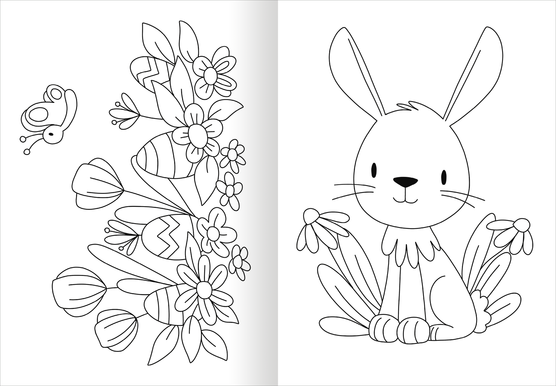 Gezeigt wird eine Innen- oder Zusatzansicht von „Ausmal-Fensterbilder Ostern“. Die Illustration zeigt links eine verspielte Anordnung von Ostereiern und frühlingshaften Blumen sowie einem Schmetterling. Rechts sitzt ein niedlicher Hase mit langen Ohren, umgeben von bunten Blumen. Die Zeichnungen sind in einem klaren Linienstil gehalten, was das Ausmalen fördert. Der Hintergrund bleibt einfach und bietet Fokus auf die detailreichen Motive.