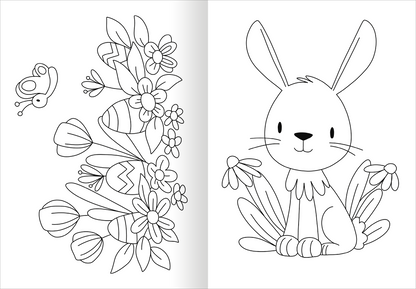 Gezeigt wird eine Innen- oder Zusatzansicht von „Ausmal-Fensterbilder Ostern“. Die Illustration zeigt links eine verspielte Anordnung von Ostereiern und frühlingshaften Blumen sowie einem Schmetterling. Rechts sitzt ein niedlicher Hase mit langen Ohren, umgeben von bunten Blumen. Die Zeichnungen sind in einem klaren Linienstil gehalten, was das Ausmalen fördert. Der Hintergrund bleibt einfach und bietet Fokus auf die detailreichen Motive.