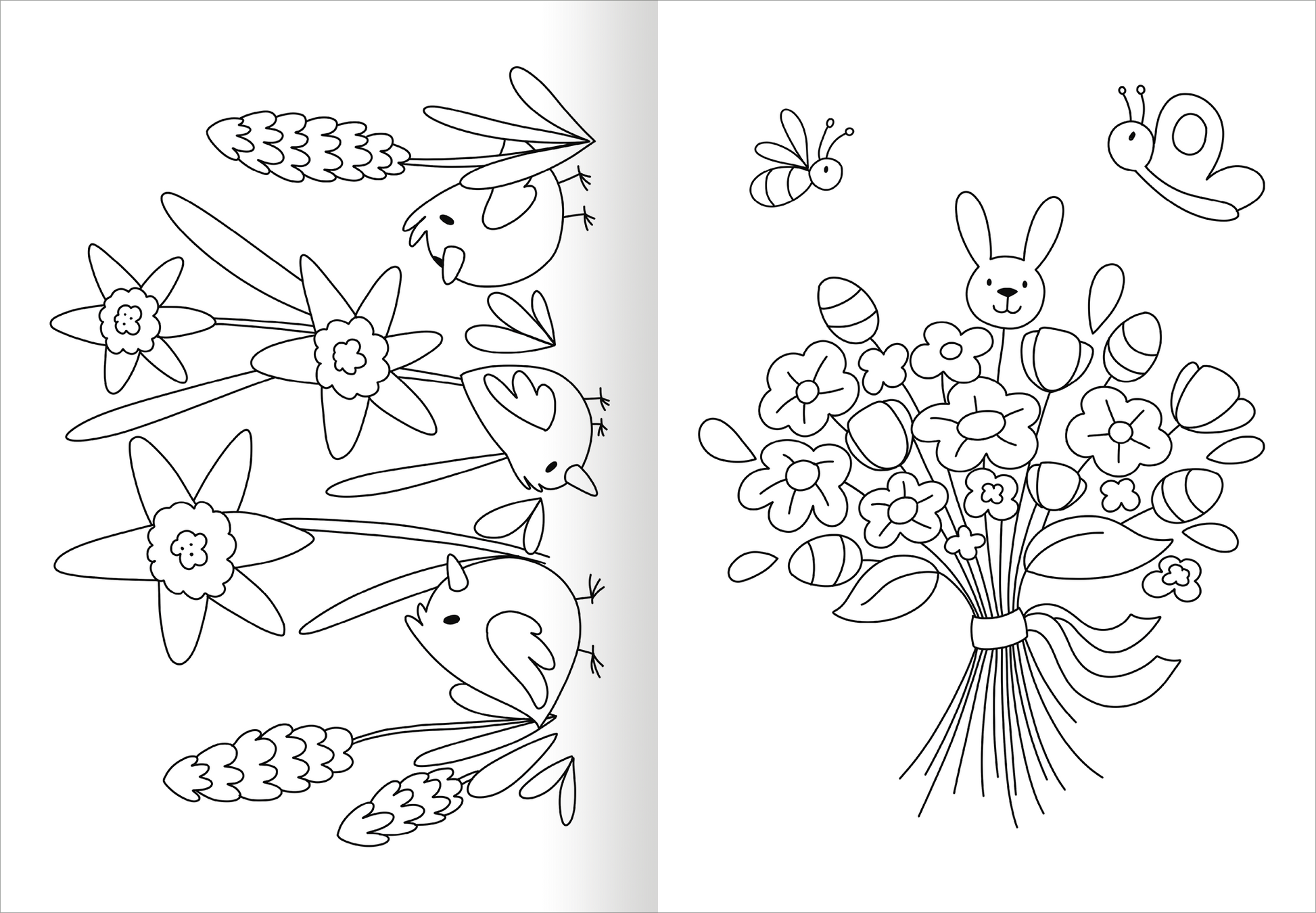 Gezeigt wird eine Innen- oder Zusatzansicht von „Ausmal-Fensterbilder Ostern“. Die Abbildung zeigt auf der linken Seite eine Frühlingslandschaft mit einem Strauß von Narzissen und zwei Vögeln, die die Blumen umschwirren. Auf der rechten Seite ist ein Strauß bunter Blumen abgebildet, in dessen Mitte ein fröhlicher Hase sitzt. Über den Bildern schweben ein Schmetterling und eine Biene. Die Zeichnungen sind in klaren, nicht ausgefüllten Linien gehalten und laden zum Ausmalen ein.