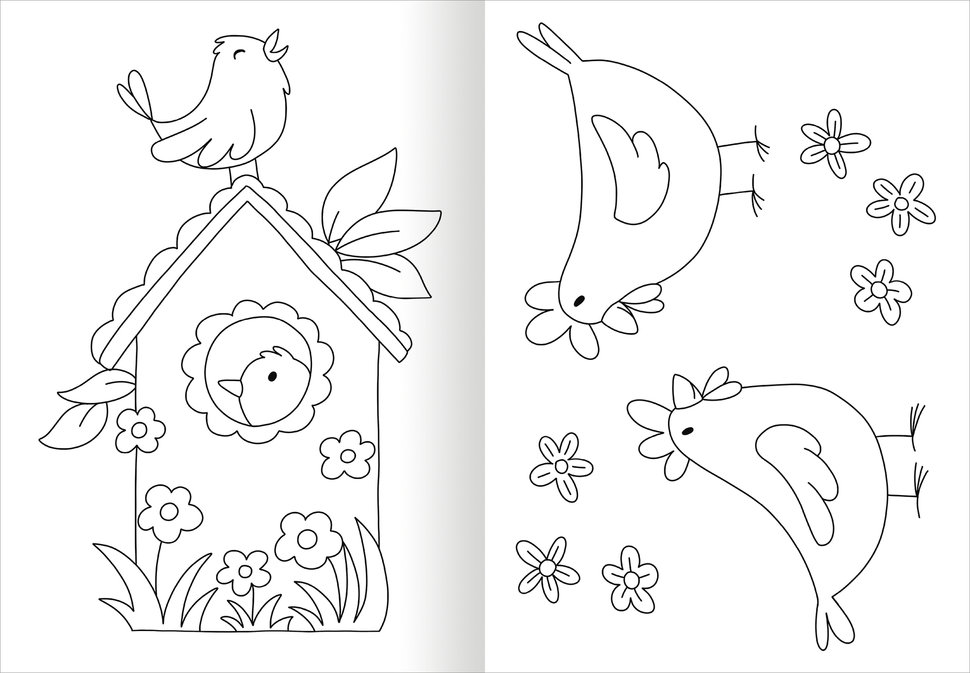 Gezeigt wird eine Innen- oder Zusatzansicht von „Ausmal-Fensterbilder Ostern“. Die Abbildung zeigt ein liebevoll gezeichnetes Vogelhaus mit einem singenden Vogel auf dem Dach. Darunter ist ein weiteres Vogelpaar zu sehen, umgeben von Blumen und Gras. Die Konturen sind klar und ausdrucksstark, ideal zum Ausmalen. Die Verwendung von verspielten, runden Formen und floralen Motiven bringt fröhliche Osterstimmung in die Darstellung.