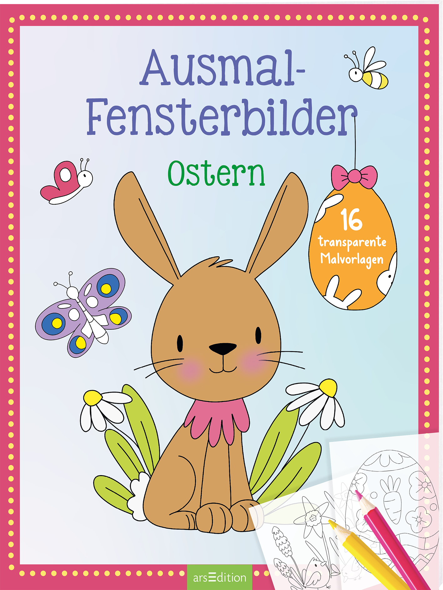 Das Cover zeigt einen fröhlichen, zuversichtlichen Hasen mit sanften braunen Farbtönen und großen, niedlichen Augen. Um ihn herum fliegen bunte Schmetterlinge und eine kleine Blume steht ihm zur Seite. Über dem Hasen ist der Titel „Ausmal-Fensterbilder“ in lockerer, blauer Schrift platziert, während „Ostern“ in grüner, verspielter Schrift darunter steht. Oben rechts befindet sich ein runder Button mit der Aufschrift „16 transparente Malvorlagen“. Ganz unten mittig steht der...