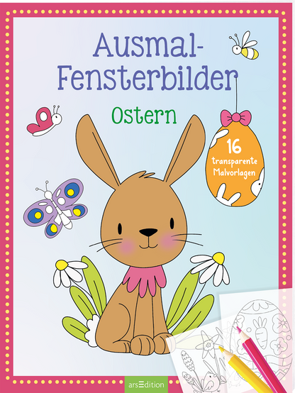 Das Cover zeigt einen fröhlichen, zuversichtlichen Hasen mit sanften braunen Farbtönen und großen, niedlichen Augen. Um ihn herum fliegen bunte Schmetterlinge und eine kleine Blume steht ihm zur Seite. Über dem Hasen ist der Titel „Ausmal-Fensterbilder“ in lockerer, blauer Schrift platziert, während „Ostern“ in grüner, verspielter Schrift darunter steht. Oben rechts befindet sich ein runder Button mit der Aufschrift „16 transparente Malvorlagen“. Ganz unten mittig steht der...