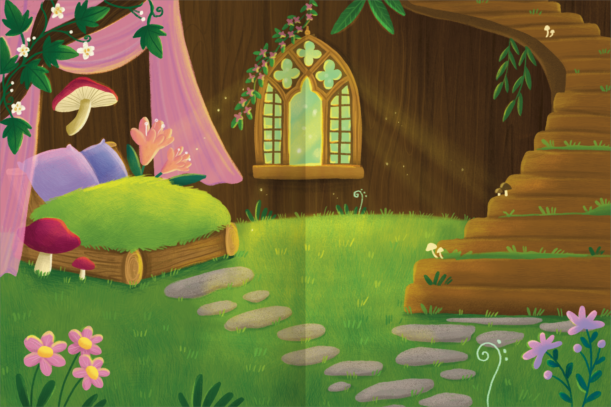 Gezeigt wird eine Innen- oder Zusatzansicht von „Erstes Stickern Metallic – Feen“. Die Szene zeigt ein zauberhaftes, kindliches Zimmer mit einem grünen Bett, das mit lila Kissen belegt ist. Um das Bett wachsen bunte Pilze und Blumen in Rosa- und Lilatönen. Eine große, bunte Fensterbank ist mit einem Fenster in einer gotischen Form versehen, das Tageslicht hereinlässt. Eine Treppe aus Holz führt nach oben und die Wände sind in warmen, holzbraunen Tönen gehalten.