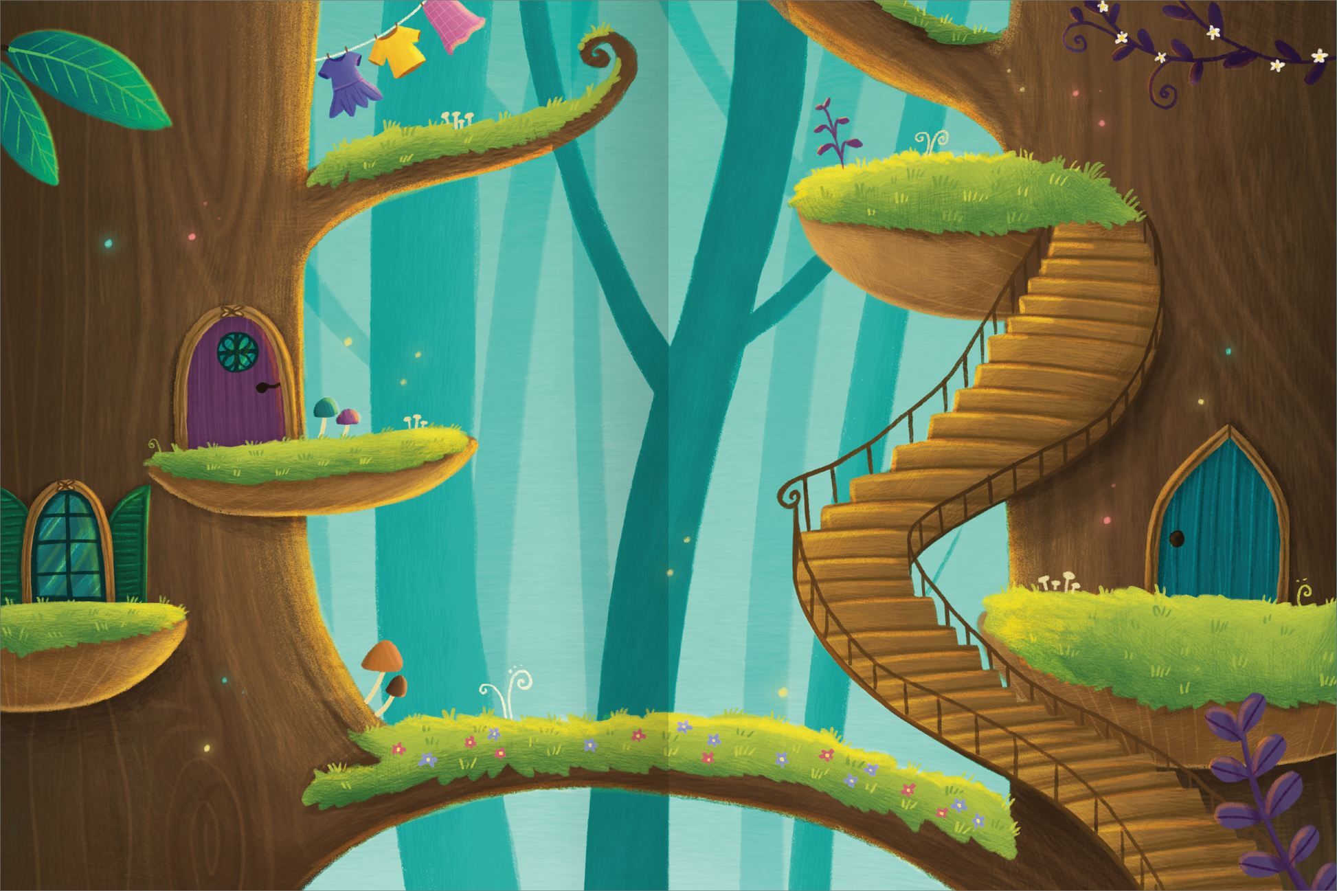 Gezeigt wird eine Innen- oder Zusatzansicht von „Erstes Stickern Metallic – Feen“. Die Illustration zeigt eine fantasievolle Baumlandschaft mit geschwungenen Stufen und verschiedenen Ebenen. Bunte Türen in sanften Farben wie Lila und Blau sind zu sehen, umgeben von leuchtend grünen Wiesen. Kleine Pflanzen und Pilze zieren den Boden, und bunte Wäsche hängt zwischen den Ästen. Der Hintergrund ist in sanften Blautönen gehalten, was eine verträumte Atmosphäre schafft.