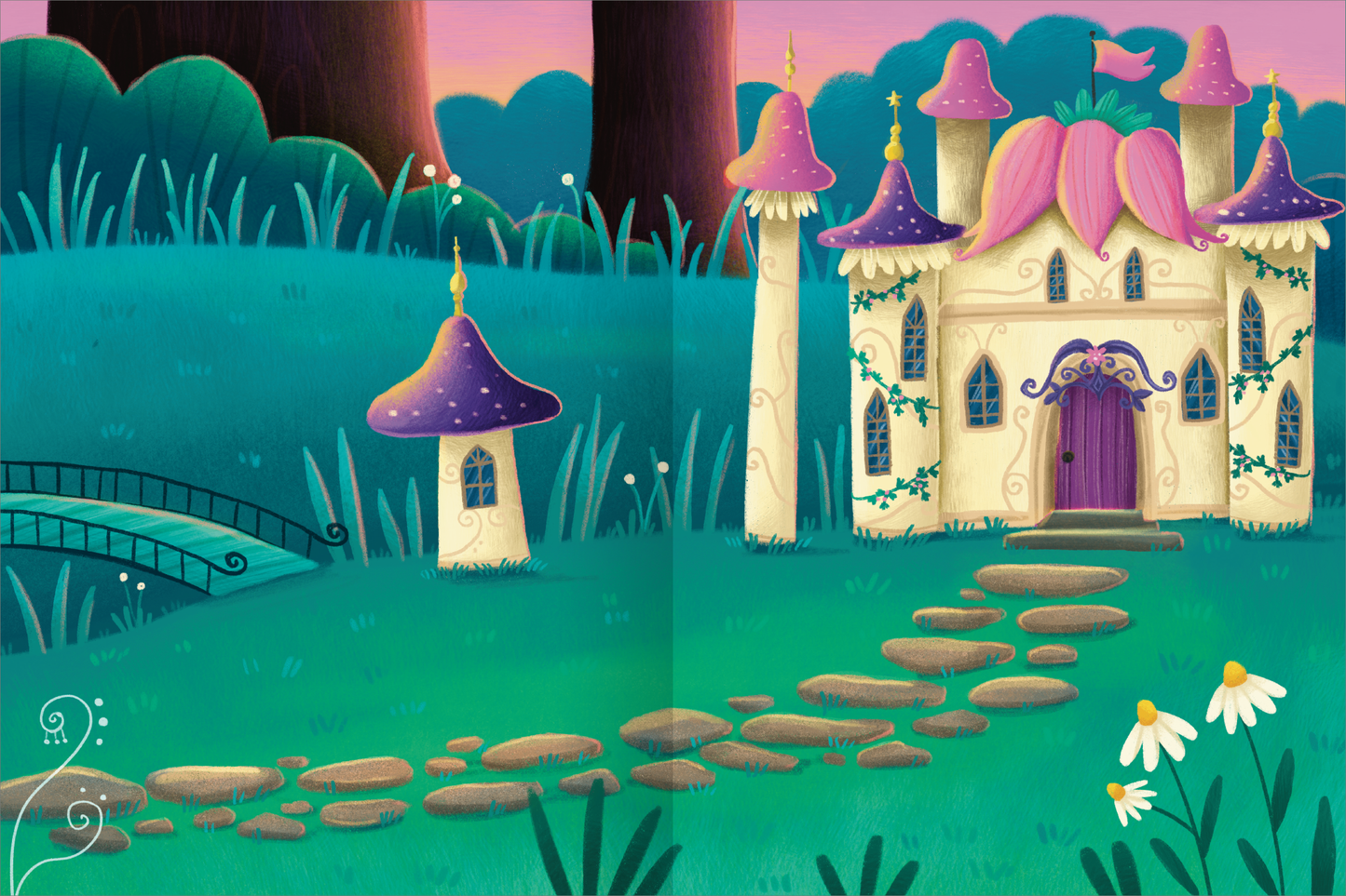 Gezeigt wird eine Innen- oder Zusatzansicht von „Erstes Stickern Metallic – Feen“. Die Illustration zeigt ein märchenhaftes Szenario mit einem bunten Haus, das von lila Pilzen und üppigem, grünem Gras umgeben ist. Im Vordergrund führt ein gepflasterter Weg zur Eingangstür des Hauses, das mit verschnörkelten Fenstern und einer lila Tür gestaltet ist. Pastellfarbene Töne dominieren, und zarte Blumenblüten verleihen dem Bild einen fröhlichen Charakter.