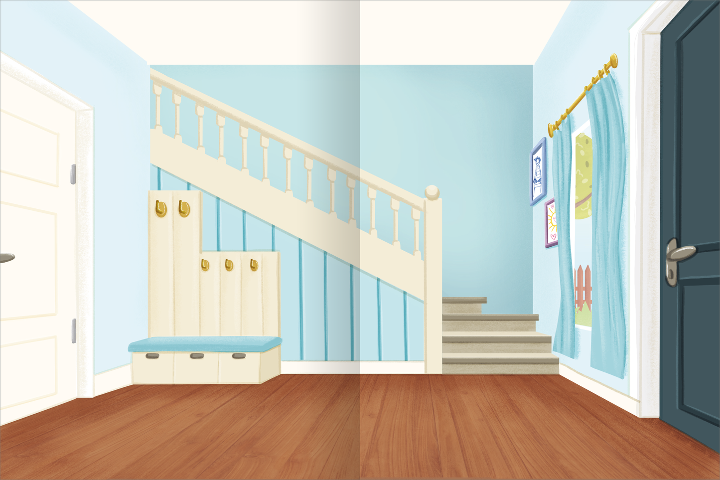 Gezeigt wird eine Innenansicht von „Erstes Stickern – Stickerhaus“. Die Szene präsentiert einen freundlichen Flur in hellen Blau- und Holztönen. An der linken Wand hängen golden beschlagene Garderobenhaken, daneben steht eine schlichte Sitzbank in Blau. Auf der rechten Seite führt eine Treppe in die nächste Etage, und neben ihr hängen Vorhänge mit hellen, freundlichen Farben sowie bunte Zeichnungen an der Wand. Die Atmosphäre ist einladend und kindgerecht.