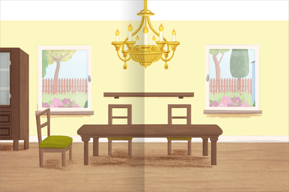 Gezeigt wird eine Innenansicht von „Erstes Stickern – Stickerhaus“. Der Raum bietet eine gelbe Wandfarbe, die eine gemütliche Atmosphäre schafft. In der Mitte befindet sich ein dunkler Holztisch mit einer grünen Stuhllehne. Oberhalb des Tisches hängt ein goldener Kronleuchter. An den Wänden sind zwei Fenster, die einen Blick auf einen Garten mit einem hellen Zaun und bunten Blumen ermöglichen.