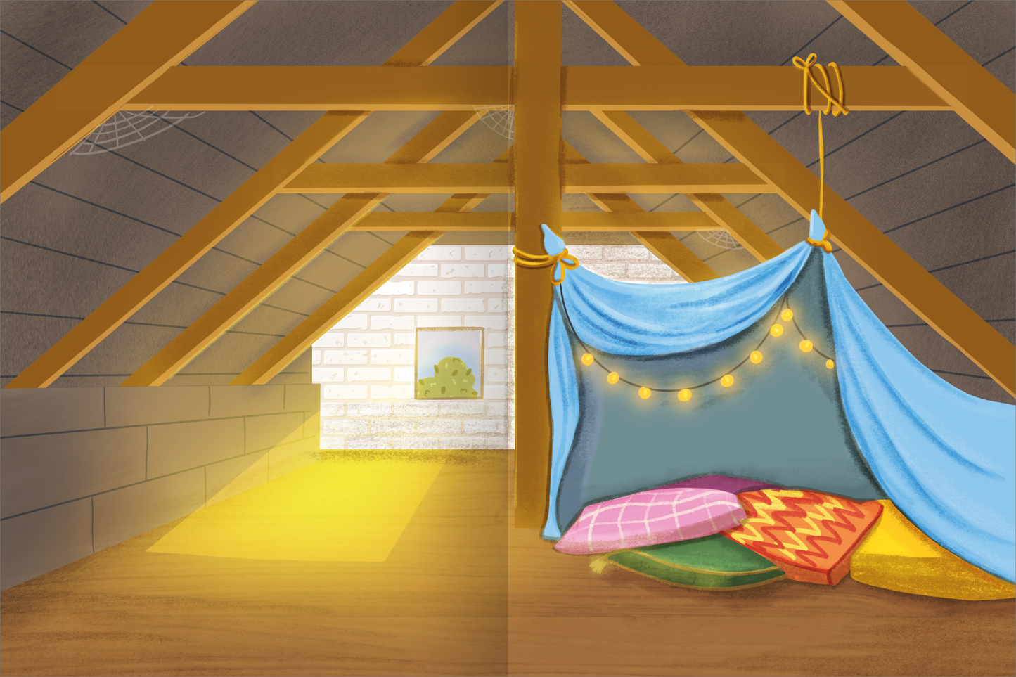 Gezeigt wird eine Innen- oder Zusatzansicht von „Erstes Stickern – Stickerhaus“. Die Szene zeigt einen Dachraum mit sichtbaren Holzträgern, wo eine gemütliche Decke aus blauen und bunten Kissen zusammengestellt ist. Dahinter strahlt sanftes, warmes Licht durch ein Fenster und akzentuiert die hellen Wände. Eine eindrucksvolle Gestaltung mit weich ausgewählten Farben schafft ein einladendes und fantasievolles Ambiente, während die Typografie in verspieltem Stil an die kindliche...