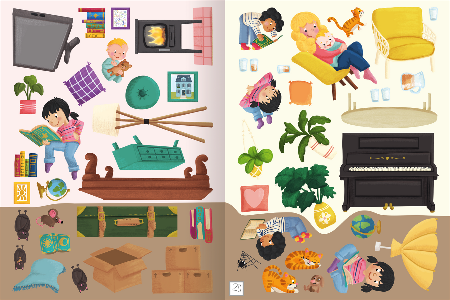 Gezeigt wird eine Innenansicht von „Erstes Stickern – Stickerhaus“. Die Illustration zeigt eine bunte Sammlung von Gegenständen und Szenen in einem kindlichen Stil. Auf der linken Seite sind Bücher, ein Klavier, eine Kiste und ein Kind mit einem Plüschtier zu sehen. Die rechte Seite zeigt ein Sofa und spielende Kinder. Die Farbpalette umfasst freundliches Gelb, sanftes Grün und warme Erdtöne, während die Typografie klar und verspielt wirkt.