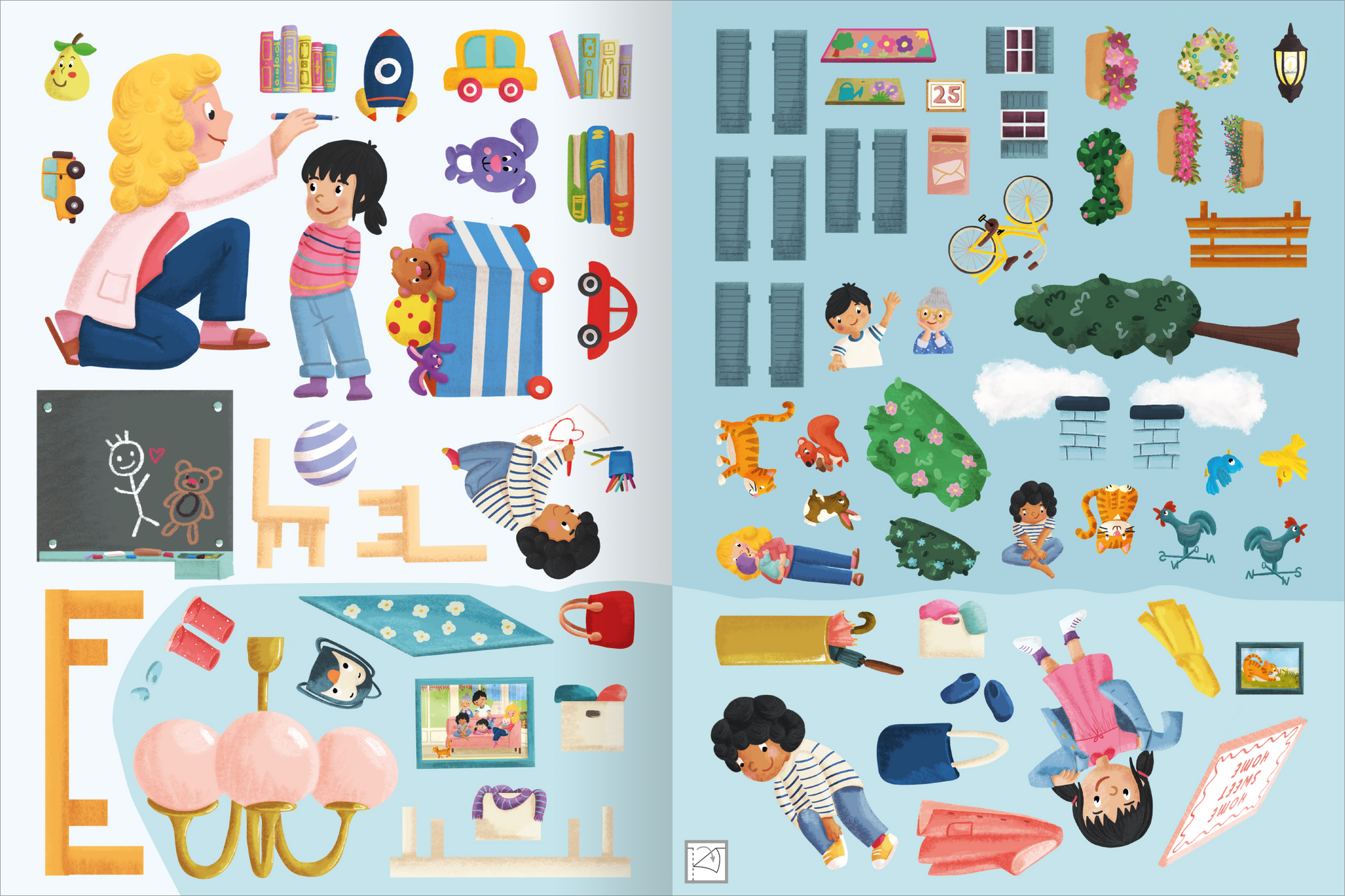 Gezeigt wird eine Innen- oder Zusatzansicht von „Erstes Stickern – Stickerhaus“. Die Illustration zeigt eine bunte und fröhliche Szene mit verschiedenen Stickern. Auf der linken Seite sind Spielsachen, wie ein Auto, eine Rakete und ein Teddybär abgebildet, während zwei Kinder in Interaktion stehen. Die rechte Seite enthält weitere Sticker, darunter Pflanzen, Möbel und Alltagsgegenstände. Die Farben sind kräftig und vielfältig, die Typografie ist verspielt und kinderfreundlich...