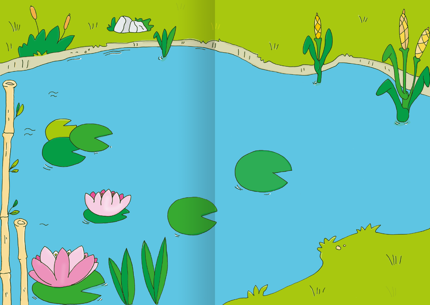 Gezeigt wird eine Innen- oder Zusatzansicht von „MINI-Stickerheft – Bauernhof“. Die Abbildung zeigt einen ruhigen Teich, umgeben von saftigem, grünem Gras. Im Wasser schwimmen mehrere Seerosen, darunter eine rosa und eine grüne. Am Ufer wachsen Schilfrohre und hohe Pflanzen. Die Farben sind lebhaft und freundlich, mit sanften Blautönen für das Wasser und leuchtendem Grün für die Umgebung. Die einfache, verspielte Zeichnung unterstützt die kindgerechte Darstellung.