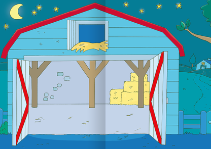 Gezeigt wird eine Innen- oder Zusatzansicht von „MINI-Stickerheft – Bauernhof“. Die Abbildung zeigt einen blauen Scheunenraum mit einem offenen Fenster, durch das eine gelbe Henne hervorschaut. Die Wände sind in sanften Blautönen gehalten, während die Tore in einem hellen Holzton mit roten Streifen gestaltet sind. Im Haus befinden sich zwei Strohhaufen und im Hintergrund sind sternenklare Nächte sowie grüne Hügel sichtbar, die eine ruhige ländliche Stimmung erzeugen.