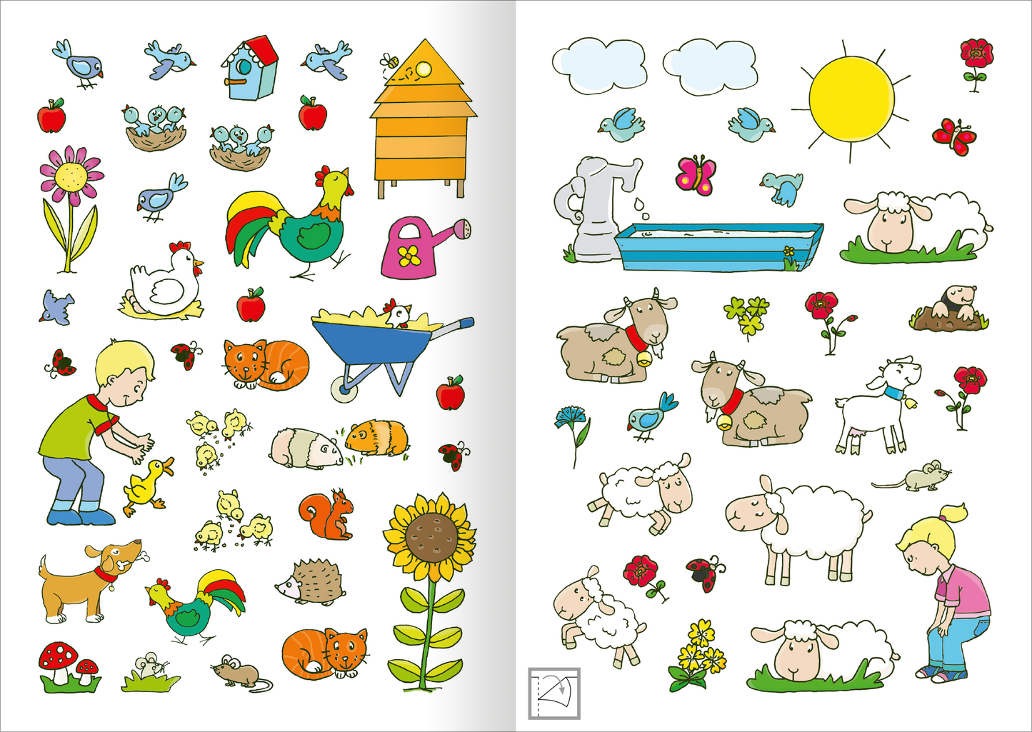 Gezeigt wird eine Innen- oder Zusatzansicht von „MINI-Stickerheft – Bauernhof“. Die Seite zeigt bunte, kindgerechte Illustrationen mit Tieren, Pflanzen und einem Kind, das mit Tieren spielt. Zu sehen sind unter anderem Hühner, Schafe, eine Gießkanne sowie ein Traktor. Die Farben sind lebhaft, mit viel Grün, Blau und Gelb, und die Typografie ist klar und einfach gehalten, ideal für die Zielgruppe.