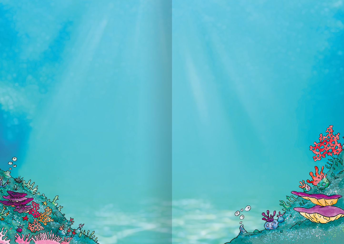 Gezeigt wird eine Innen- oder Zusatzansicht von „MINI-Stickerheft – Dinosaurier“. Die Abbildung zeigt einen hellblauen Hintergrund mit sanften Lichtstrahlen, die durch das Wasser scheinen. Links und rechts sind farbenfrohe Korallenriffe in lila, orange und pink dargestellt, ergänzt durch kleine Meerestiere. Die fröhlichen Farben und verspielten Formen schaffen eine lebendige, einladende Unterwasserwelt, die Kinder kreativ ansprechen soll.