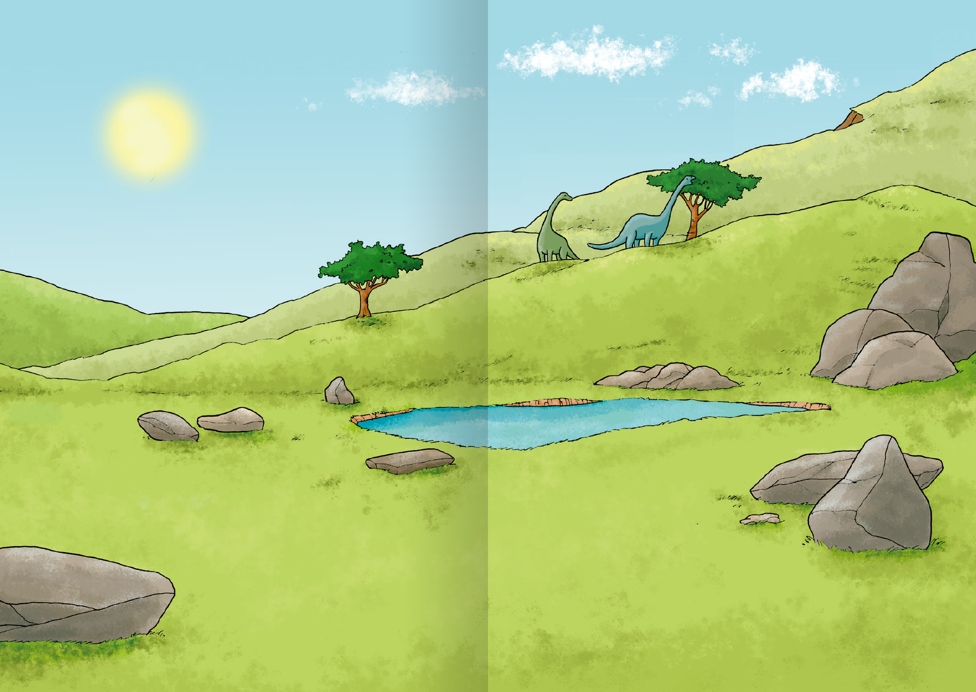 Gezeigt wird eine Innen- oder Zusatzansicht von „MINI-Stickerheft – Dinosaurier“. Die Illustration zeigt eine weitläufige, grüne Landschaft unter einem klaren blauen Himmel. In der Mitte befindet sich ein kleiner Teich, der von grauen Steinen umgeben ist. Im Hintergrund sind vereinzelte Bäume und einige Dinosaurier zu sehen. Die Farben sind freundlich und leuchtend, wobei das Gelb der Sonne und das satte Grün der Wiese dominieren. Die Typografie ist klar und kindgerecht gestaltet.