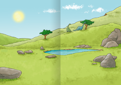 Gezeigt wird eine Innen- oder Zusatzansicht von „MINI-Stickerheft – Dinosaurier“. Die Illustration zeigt eine weitläufige, grüne Landschaft unter einem klaren blauen Himmel. In der Mitte befindet sich ein kleiner Teich, der von grauen Steinen umgeben ist. Im Hintergrund sind vereinzelte Bäume und einige Dinosaurier zu sehen. Die Farben sind freundlich und leuchtend, wobei das Gelb der Sonne und das satte Grün der Wiese dominieren. Die Typografie ist klar und kindgerecht gestaltet.