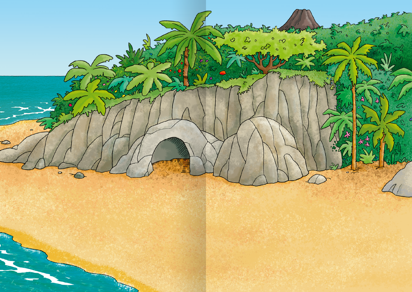 Gezeigt wird eine Innen- oder Zusatzansicht von „MINI-Stickerheft – Dinosaurier“. Die Illustration zeigt eine farbenfrohe Strandlandschaft mit sandigem Ufer, umgeben von dichten, grünen Palmen und tropischer Vegetation. Im Hintergrund erhebt sich ein Vulkan, während eine felsige Höhle an der Küste sichtbar ist. Die Verwendung von kräftigen Farben und klaren Linien betont die fröhliche und abenteuerliche Stimmung des Designs.