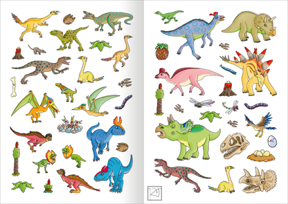 Gezeigt wird eine Innen- oder Zusatzansicht von „MINI-Stickerheft – Dinosaurier“. Die Seite präsentiert eine bunte Auswahl an Dinosaurier-Stickern in verschiedenen Szenerien, darunter prähistorische Pflanzen und kleine Elemente wie Eier und Fossilien. Die Farben sind lebhaft und ansprechend, mit grünen, blauen und roten Tönen. Die Illustrationen sind kindgerecht und klar umrissen, sodass sie leicht zu erkennen sind. Die Typografie ist verspielt und ergänzt die fröhliche Gestaltung...