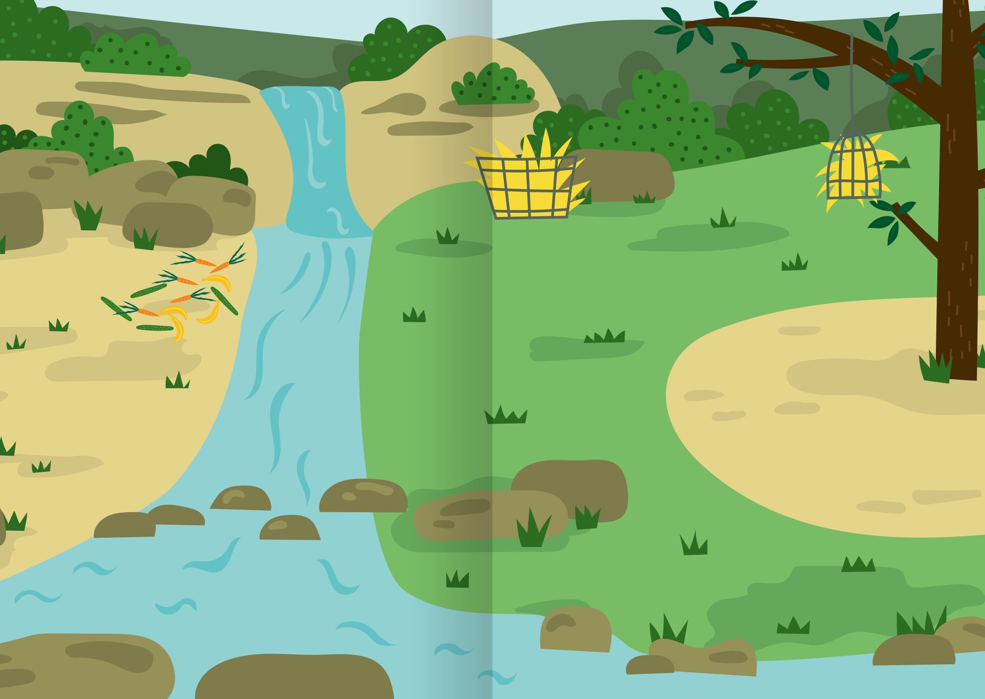 Gezeigt wird eine Innen- oder Zusatzansicht von „MINI-Stickerheft – Im Zoo“. Die Illustration zeigt eine friedliche Landschaft mit einem kleinen Wasserfall, der über runde Steine plätschert. Auf der linken Seite sind grüne Sträucher und ein paar kleine Gräser zu sehen. Rechts steht ein Baum mit zwei aufgehängten Käfigen, während der Boden sanft geschwungen ist. Die Farben sind in sanften Grüntönen gehalten, ergänzt durch warme Erdtöne für die Steine und gelb für die Käfige....