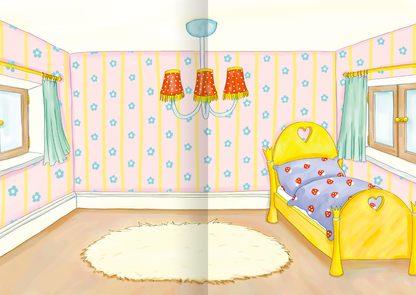 Gezeigt wird eine Innen- oder Zusatzansicht von „MINI-Stickerheft – Prinzessinnen“. Die Illustration zeigt ein Kinderzimmer mit einem gelben Bett, das ein herzförmiges Design aufweist, und einer bunten Bettdecke mit Punkten. Die Wände sind in sanften Rosa- und Gelbtönen gestaltet und mit kleinen Blumenmustern verziert. Einhängevorhänge in Türkis und eine rote Deckenlampe mit gelben Lampenschirmen runden das harmonische Bild ab. Der Boden ist mit einem flauschigen, weißen Teppich...