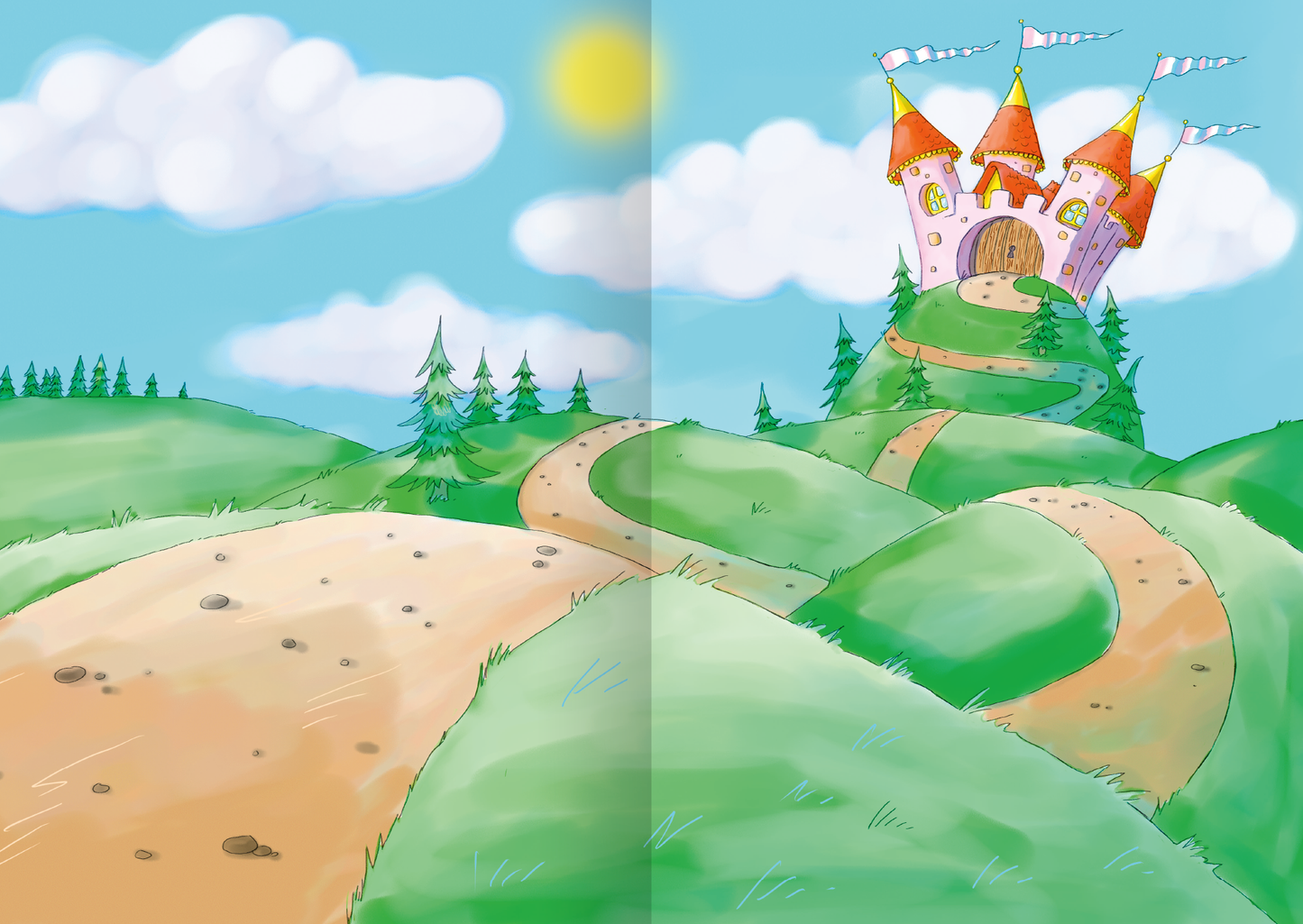 Gezeigt wird eine Innen- oder Zusatzansicht von „MINI-Stickerheft – Prinzessinnen“. Die Abbildung zeigt eine fantasievolle Landschaft mit sanften, grünen Hügeln und einem geschwungenen Weg, der zu einem märchenhaften Schloss mit roten Türmen und bunten Fahnen führt. Der Himmel ist hellblau und voller weißer Wolken, während die Sonne strahlt. Die freundliche, kindgerechte Farbpalette und die runde, verspielte Typografie laden zum Entdecken ein.