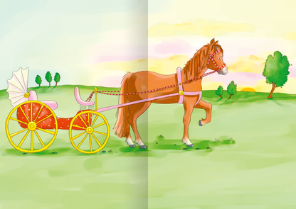 Gezeigt wird eine Innen- oder Zusatzansicht von „MINI-Stickerheft – Prinzessinnen“. Die Abbildung zeigt ein schönes Pferd mit einer eleganten Karosse. Das Pferd ist braun mit einer hellen Mähne, während die Karosse rot mit gelben Rädern gestaltet ist. Im Hintergrund sind stilisierte Bäume und eine sanfte, farbenfrohe Landschaft zu sehen, die eine verträumte Atmosphäre erzeugt. Die sanften Farbtöne und einfachen Linien vermitteln eine kindgerechte, spielerische Stimmung.