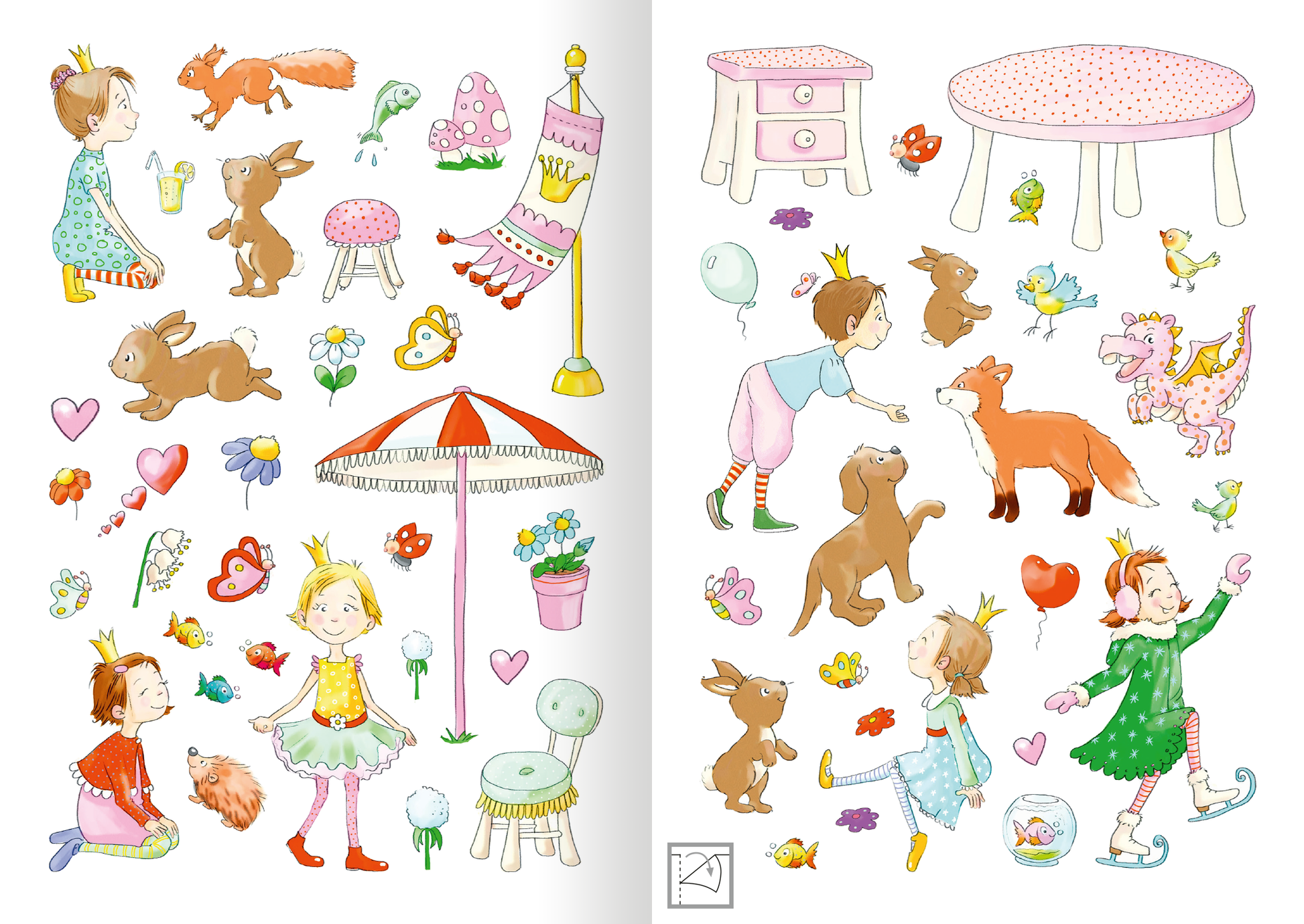 Die Innenseite des „MINI-Stickerheft – Prinzessinnen“ zeigt eine bunte Zusammenstellung von Illustrationen. Auf der linken Seite sind verschiedene Figuren von Mädchen in Prinzessinnenkleidern, kleinen Tieren, Blumen und Objekten wie einem Sonnenschirm und einer Liege sichtbar. Die rechte Seite enthält weitere tierische und fantasievolle Motive wie Drachen und Herzen. Die Farben sind pastellartig, mit einem sanften, verspielten Stil, der die Fantasie anregt. Die Typografie ist...