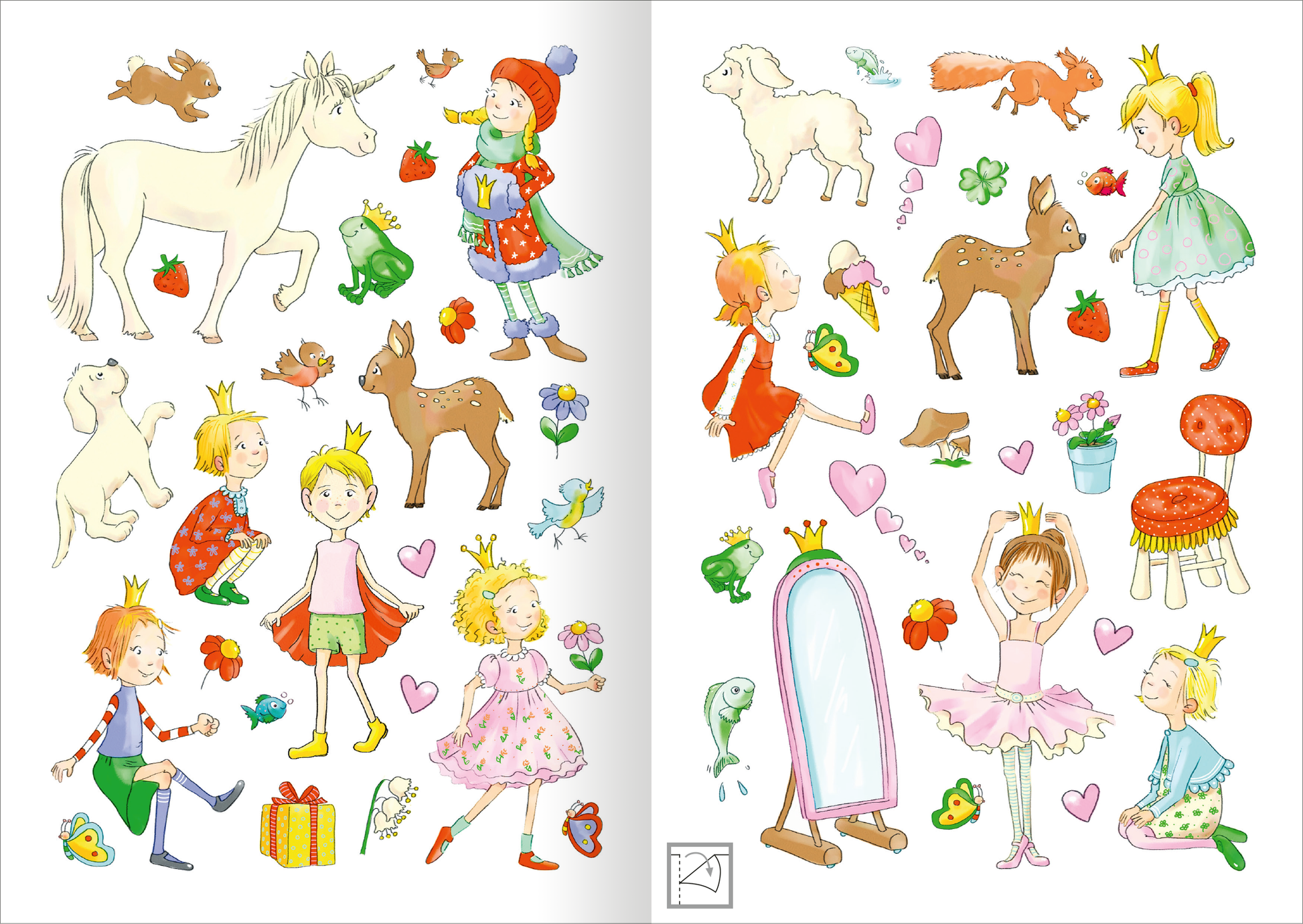 Gezeigt wird eine Innen- oder Zusatzansicht von „MINI-Stickerheft – Prinzessinnen“. Die Illustration zeigt eine bunte Zusammenstellung von bunten Stickern, darunter Prinzessinnen in verschiedenen Outfits, ein Einhorn, ein Reh und zahlreiche fröhliche Elemente wie Herzen, Blumen und Geschenke. Die Farben sind hell und einladend, vor allem Pastell- und Primärfarben dominieren. Die Typografie ist spielerisch und kindgerecht gestaltet, mit klaren, gut lesbaren Schriftarten.