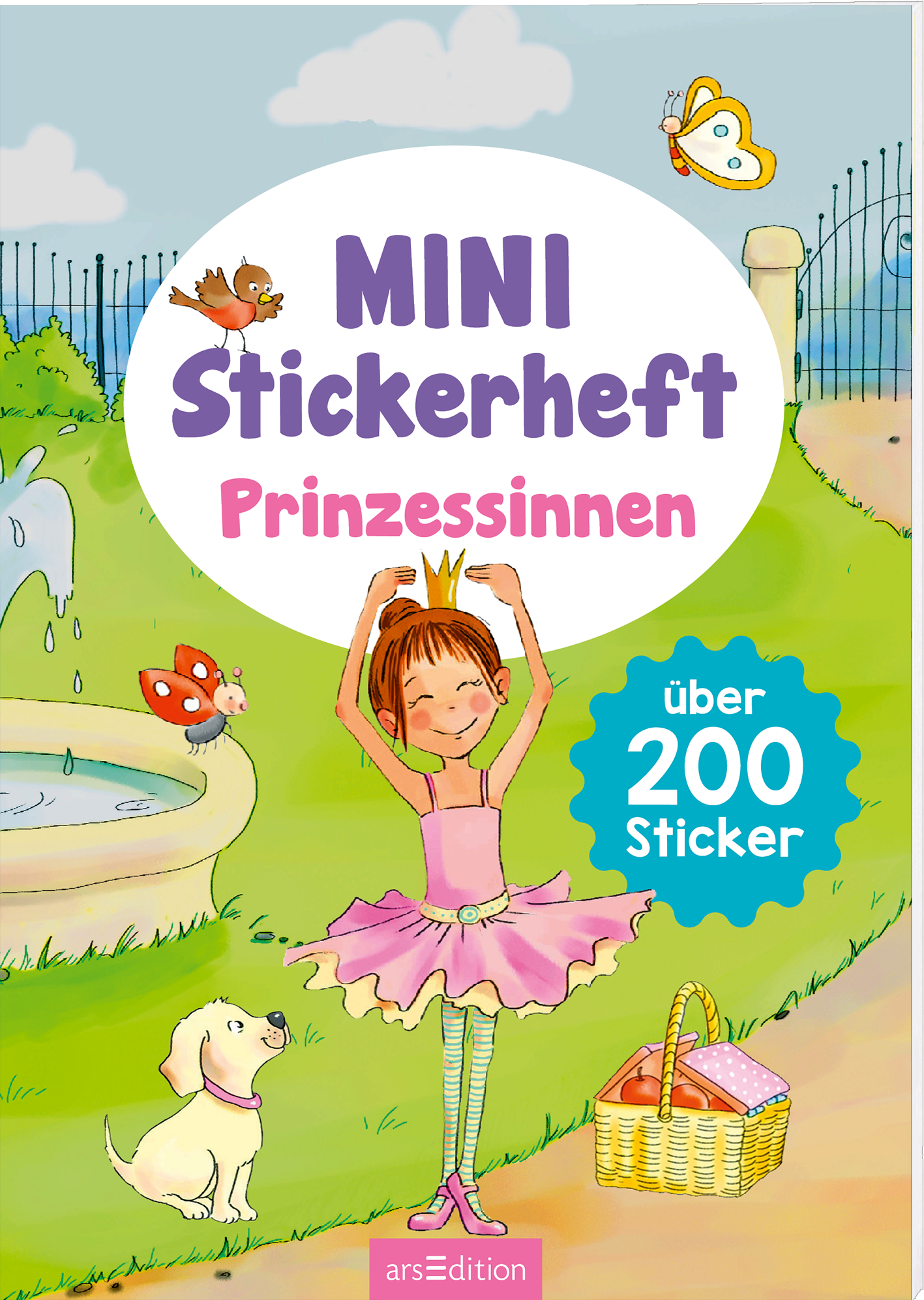 Das Buchcover zeigt ein farbenfrohes, illustrierte Szene eines Gartens. In der Mitte tanzt ein fröhliches Mädchen in einem pinken Tutu und hat eine Krone auf dem Kopf. Neben ihr sitzt ein weißer Hund. Umgeben von Schmetterlingen und Vögeln ist der Hintergrund hellblau mit einer Gartenmauer und einem Wasserbrunnen. Der Titel „MINI Stickerheft Prinzessinnen“ ist in großer, lila Schrift verfasst. Oben rechts befindet sich der Text „über 200 Sticker“ auf einem blauen Hintergrund. Ganz...