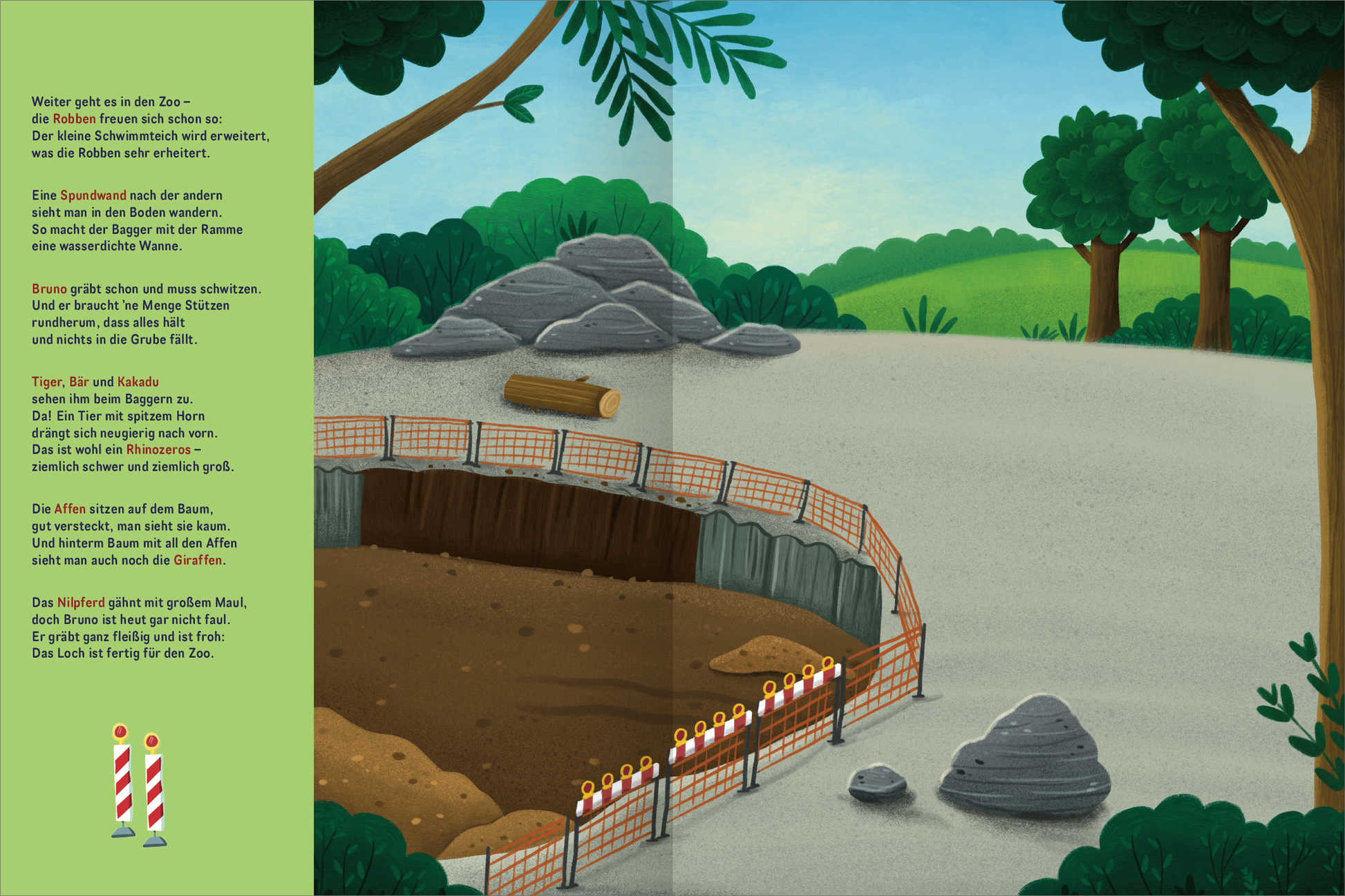 Gezeigt wird eine Innen- oder Zusatzansicht von „Mitmach-Stickerbuch – Bruno, der kleine Bagger“. Die Illustration zeigt einen Zoobereich mit sanften, grünen Landschaften im Hintergrund. Links ist ein Textfeld auf grünem Hintergrund, das die Szene beschreibt. Im Vordergrund befindet sich ein abgesteckter Graben mit einem kleinen Zaun, umgeben von grauen Steinen und einem Holzstamm. Die Farben sind freundlich und lebhaft, während die Typografie klar und gut lesbar ist.