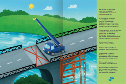 Gezeigt wird eine Innen- oder Zusatzansicht von „Mitmach-Stickerbuch – Bruno, der kleine Bagger“. Die Illustration zeigt eine dynamische Szene mit einem blauen Bagger auf einer Baustelle, unter einem strahlend blauen Himmel mit Sonne. Auf der linken Seite ist eine beeindruckende, eingerahmte Brücke zu sehen, die über einen fließenden Fluss führt. Bunte Grüntöne dominieren die Landschaft im Hintergrund, während die Typografie in freundlichen, klaren Buchstaben angeordnet ist und die...