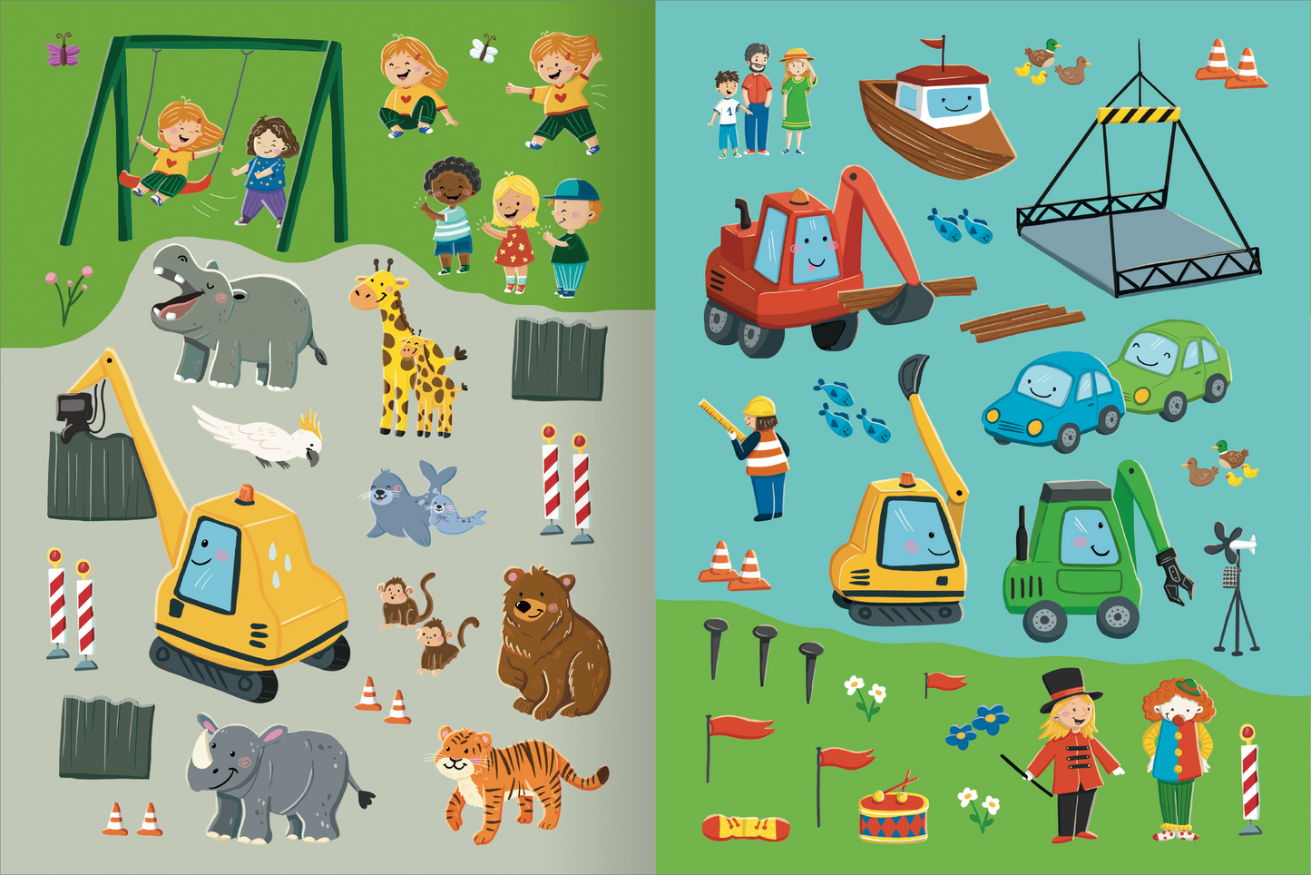 Gezeigt wird eine Innen- oder Zusatzansicht von „Mitmach-Stickerbuch – Bruno, der kleine Bagger“. Die Seite ist farbenfroh und zeigt verschiedene Szenen mit einer Baustelle auf der rechten und einem Freizeitbereich auf der linken Seite. zentrale Elemente sind der große gelbe Bagger und fröhliche Kinder, die spielen und aktiv sind. Die Typografie ist kindgerecht und leicht lesbar, während leuchtende Farben wie Blau, Grün und Gelb die Illustrationen lebhaft wirken lassen.