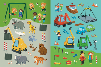 Gezeigt wird eine Innen- oder Zusatzansicht von „Mitmach-Stickerbuch – Bruno, der kleine Bagger“. Die Seite ist farbenfroh und zeigt verschiedene Szenen mit einer Baustelle auf der rechten und einem Freizeitbereich auf der linken Seite. zentrale Elemente sind der große gelbe Bagger und fröhliche Kinder, die spielen und aktiv sind. Die Typografie ist kindgerecht und leicht lesbar, während leuchtende Farben wie Blau, Grün und Gelb die Illustrationen lebhaft wirken lassen.